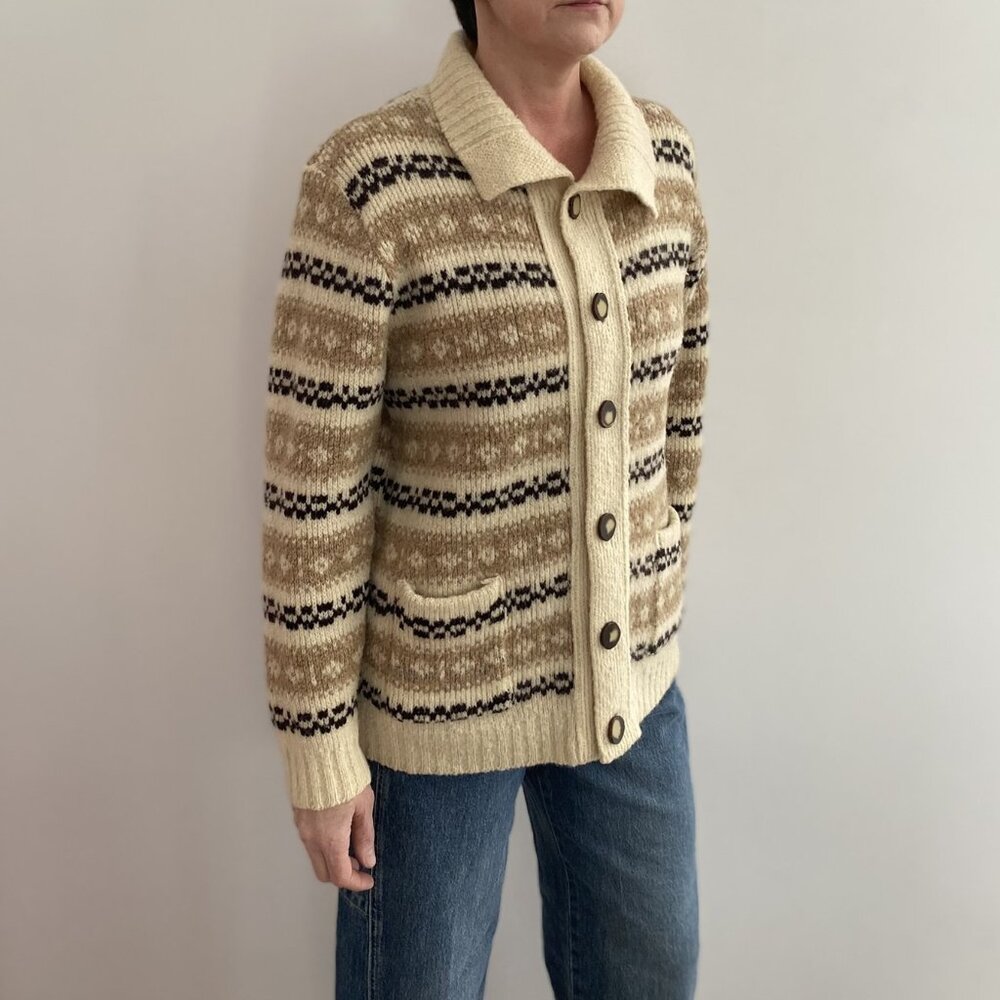 Vintage 1970s Fair Isle Wool Cardigan – Cream & Brown Knit, Women's M
